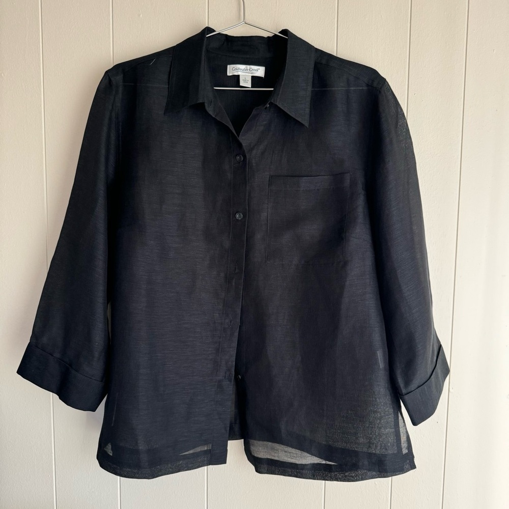 Coldwater Creek Black Silk-Linen Blend Chic Breathable Button Down, Size L